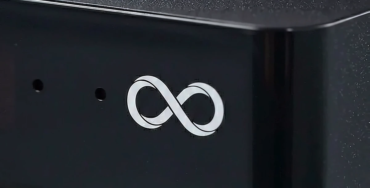 Close-up of the Infinity TV box with its infinity symbol
