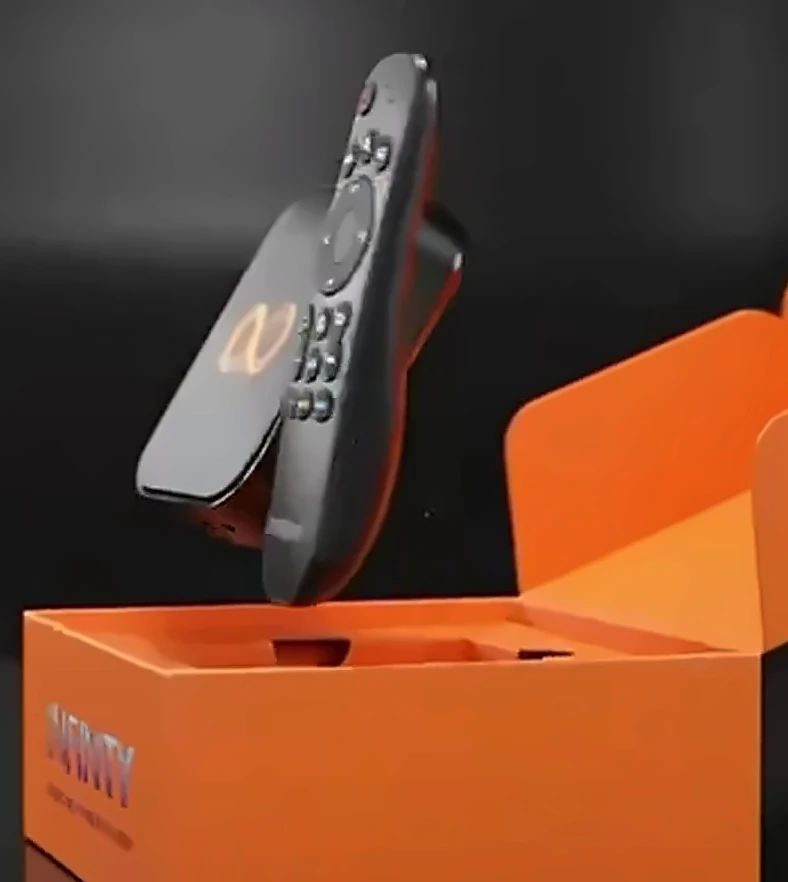 What's in the box: the Infinity TV set-top box and its remote in the orange gift box
