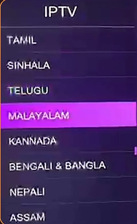 Infinity TV menu listing channel groups by language: Tamil, Sinhala, Telugu, Malayalam, Kannada, Bangla, Nepali, Assamese
